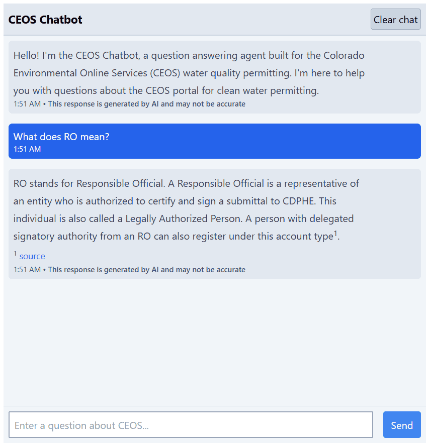 Cornflower Chat answering a question about the CEOS water quality permitting portal
